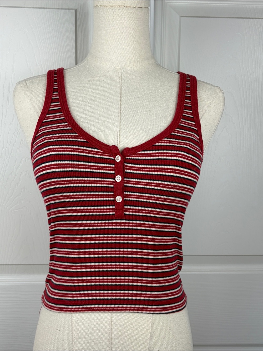Brandy Melville Red Striped Henley Ribbed Tank